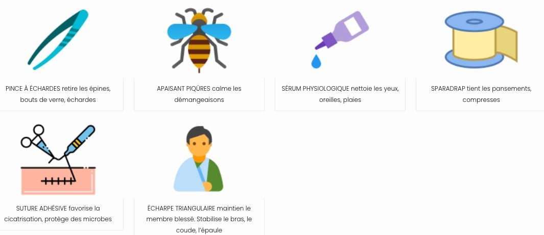 Différents dessins de plusieurs produits de la trousse de secours BTP