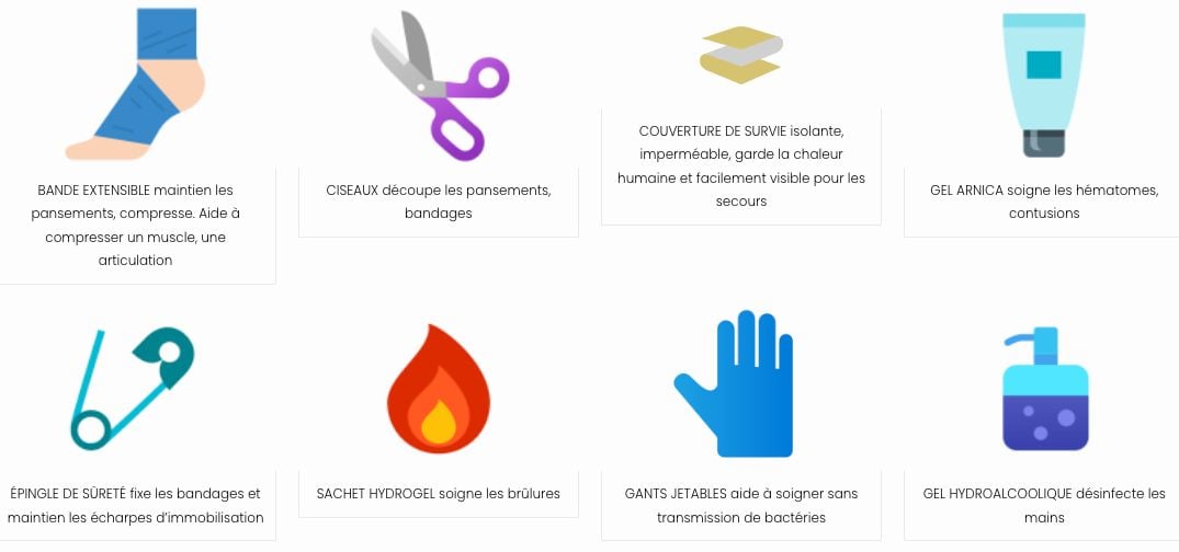 Dessins de plusieurs produits de la trousse de secours BTP