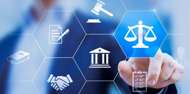 Une image à plusieurs icônes avec le dessin de la justice, du tribunal etc