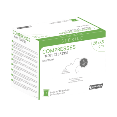 Boite de 100 sachets de 1 compresse non-tissé stérile 7,5x7,5cm
