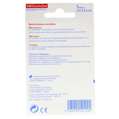 Sparadrap microporeux 5m x 2,5cm Mercurochrome