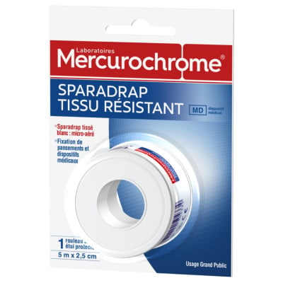 Sparadrap tissu résistant Mercurochrome 5 m x 2,5 cm