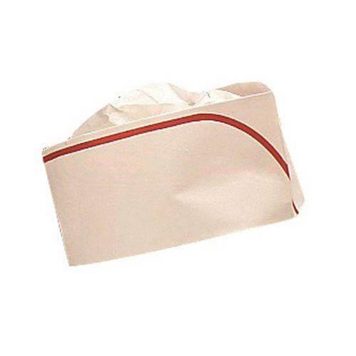 Calot en papier avec liseré rouge, vêtement jetable pour restaurant et  cuisine professionnelle.
